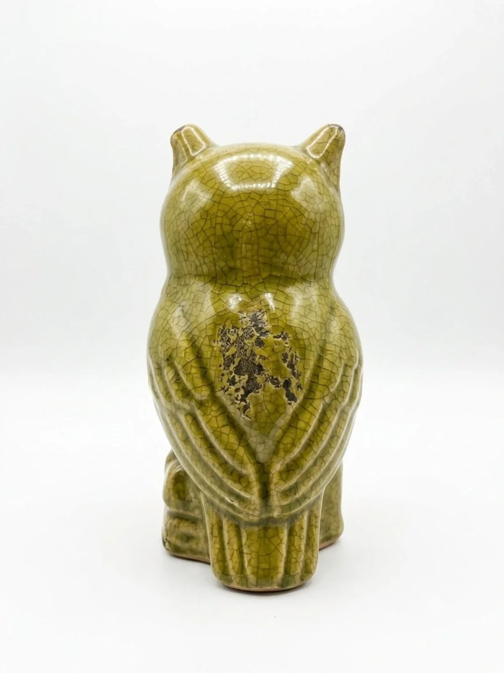 Vintage Mid Century Green Crackle Glaze Ceramic Owl Figurine